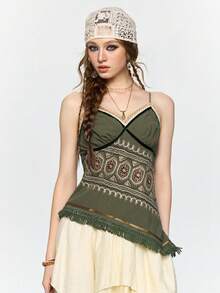 ROMWE Fairycore 仙女风休闲度假刺绣撞色不对称吊带背心 - 軍綠色 - 查看 9