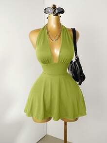 Mistrie Black Tight-Fitting Romper With Deep V-Neck, Backless Strap - Green - View 4