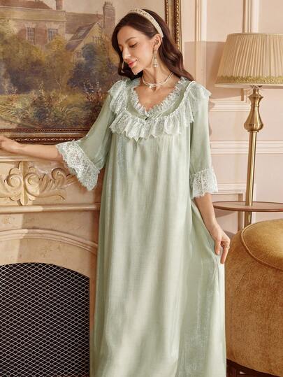 PalaceNights Vintage Palace Style Round Neck Partial Button Lace Trim Splice Women Nightgown