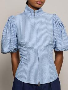 COUREZ PUFF SLEEVE HIGH NECK SHIRT IN STRIPE - Baby Blue - View 6