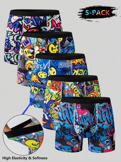 5pcs/Set Graffiti Monster, Smiling Face & Letter Print Colorful Fluorescent Boxer Briefs For Teenage Boys & Young Boy