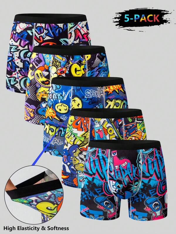 5pcs/Set Graffiti Monster, Smiling Face & Letter Print Colorful Fluorescent Boxer Briefs For Teenage Boys & Young Boy