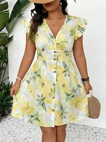 SHEIN Frenchy 大码休闲蓝色蝙蝠袖V领系腰A字短款连衣裙夏季女装 - 彩色 - 查看 4