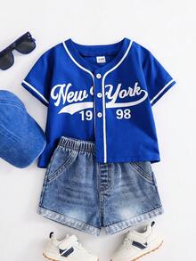 SHEIN 2件套男女宝宝休闲时尚蓝色短袖衬衫和牛仔短裤套装，春夏宝宝服装，套装，街头服饰 - 寶藍色 - 查看 1