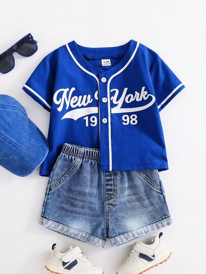 SHEIN 2件套男女宝宝休闲时尚蓝色短袖衬衫和牛仔短裤套装，春夏宝宝服装，套装，街头服饰