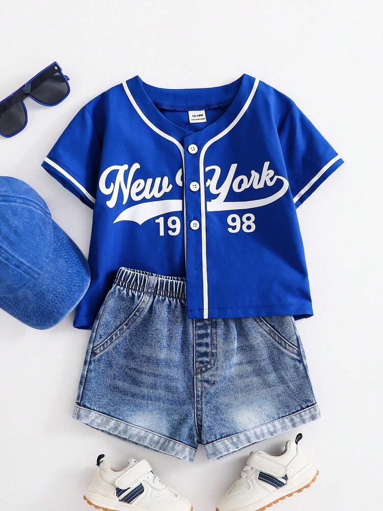 SHEIN 2件套男女宝宝休闲时尚蓝色短袖衬衫和牛仔短裤套装，春夏宝宝服装，套装，街头服饰 - 寶藍色 - 查看 1