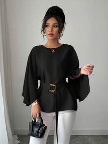 Selianne 女式法式圆领飘袖系带腰部亮面衬衫，春夏 - 黑色 - 查看 4