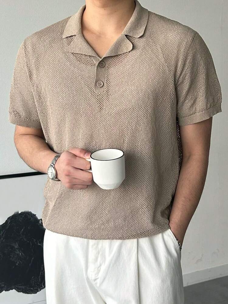 Men's Solid Color Khaki V-Neck 3/4 Sleeve Knit Top, Summer