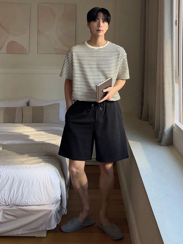 Men's Striped Short Sleeve T-Shirt And Shorts Pajama Set, Summer