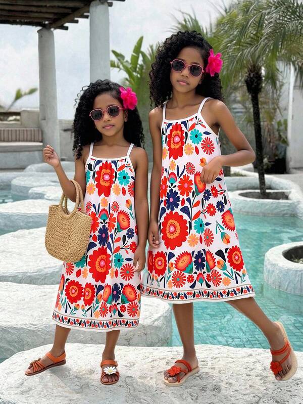 夏季女童印花休闲/度假吊带A字连衣裙，奶油色底，饰以鲜艳的花卉图案，吊带设计，飘逸的A字廓形，波西米亚风情花卉图案，轻盈面料，适合夏季海滩/度假穿着