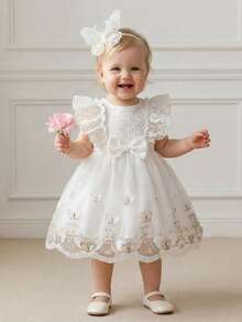 SHEIN 女嬰優雅網紗裙，配有蝴蝶結和繡花，褶邊設計 - 白色 - 查看 6