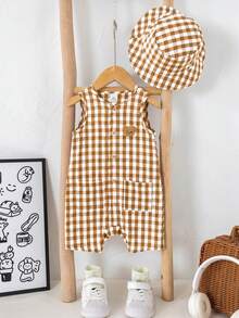 SHEIN LMoss Kids 两件套，含帽子，男女宝宝通用，杏色条纹无袖连体衣短裤和百搭渔夫帽，适合春夏度假旅行。 - 卡其色 - 查看 2