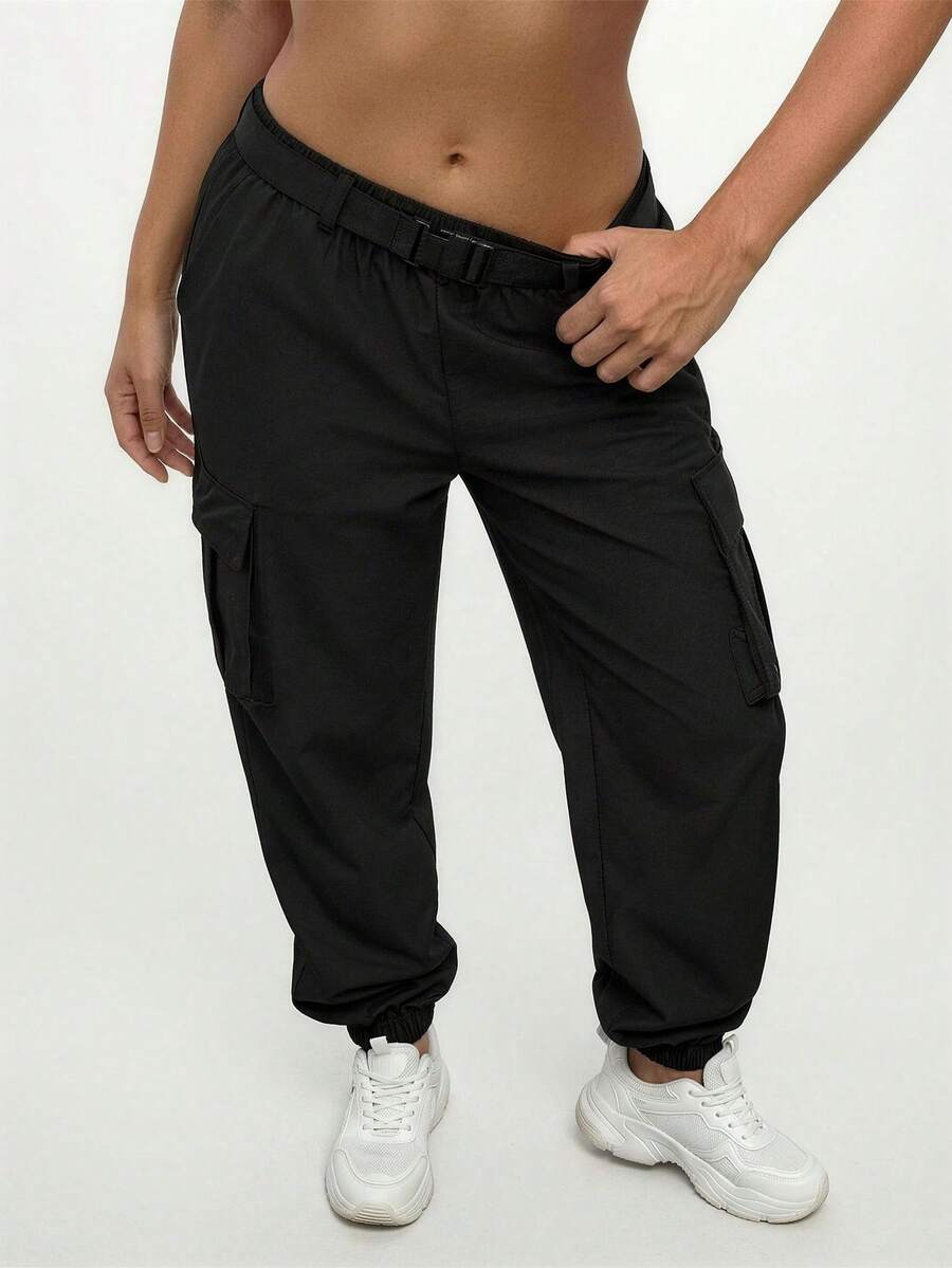SHEIN SXY Flap Pocket Buckle Belted Cargo Pants - Black - View 1