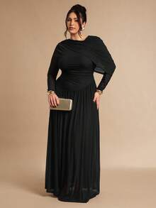 SHEIN BAE Vestido assimétrico de malha de tule marrom café de manga comprida para mulheres plus size - Preto - Ver 7