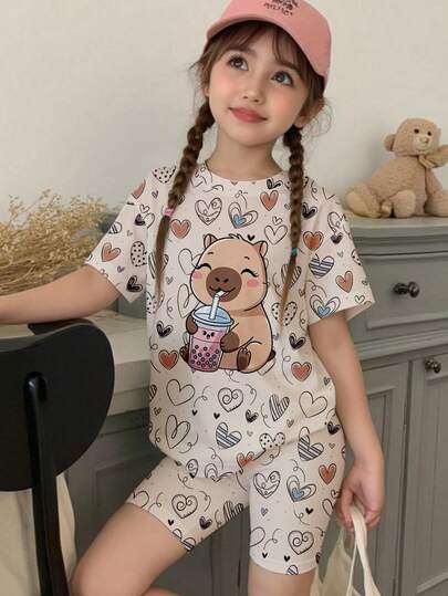 Conjunto de camiseta casual y pantalones cortos de ciclista con estampado gráfico de corazón de bosquejo de roedor acuático de té con leche minimalista y refrescante para niña preadolescente, estilos cómodos y acogedores aptos para primavera, verano y otoño