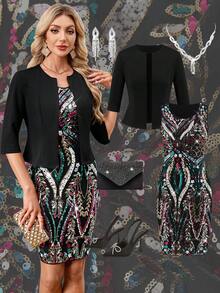 SHEIN Clasi 2pcs/Set Women's Sequin Party Dress And Fitted Short Sleeve Jacket,Summer Clothes,Summer Outfit For Women - Multicolor - View 16