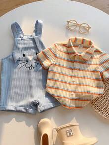 SHEIN 2pcs/Set Unisex Baby Casual Cute Holiday Knitted Colorful Striped Short Sleeve T-Shirt&Cartoon Rabbit Printed Blue Bib Pants Romper Set,Summer Sets - Multicolor - View 1