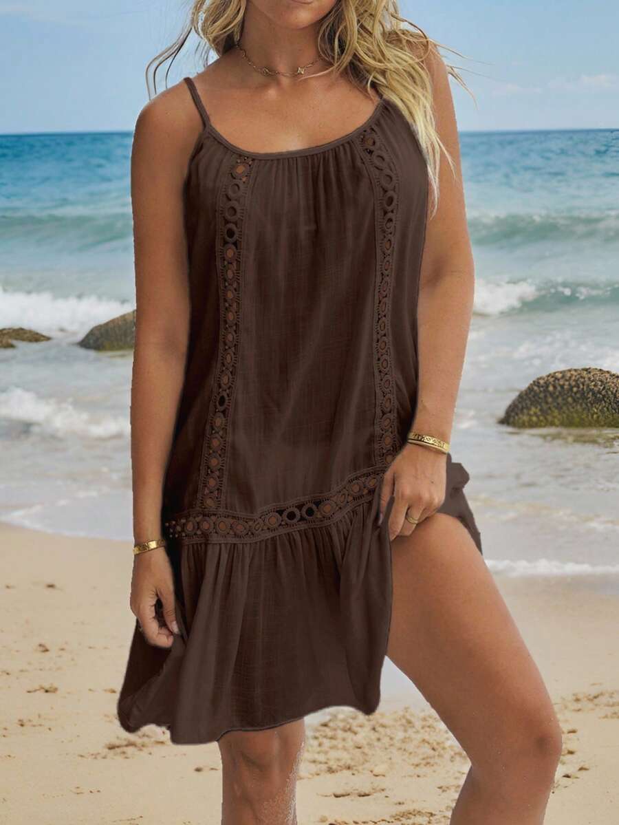 Swim Vcay Women's Springbreak Floral Patchwork Ruffle Trim Spaghetti Strap Beach Dress & Cover Up - Coffee Brown - View 1