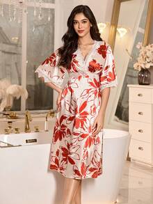 LuxeNights Camisón elegante y maduro con estampado floral, vestido largo y suelto de estilo romántico francés, camisón largo elegante con aplicaciones de encaje para mujeres - Rojo y blanco - Ver 5
