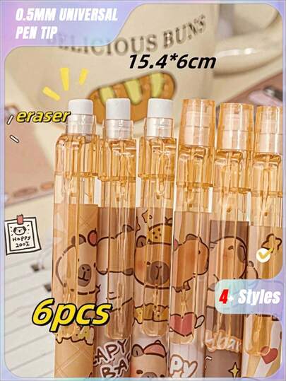 SHEIN 1pc/3pcs/6pcs/12pcs Capybara Erase Push-Button Automatic Pencil, (6pcs Box) Color Style Random, High-Quality Creative Student Stationery Pen, Cute Erase Automatic Pencil, 0.5mm Student 2B Pencil, No To Sharpen The Core, Replaceable Core Push-Button Automatic Core, Smooth Writing, Built-In Eraser, Suitable For Adult And Student Creation, Family Drawing, Christmas Card Coloring,Office Signature Supplies, Giftery For Family, Friends, Colleagues, Boys, Girls, School Supplies