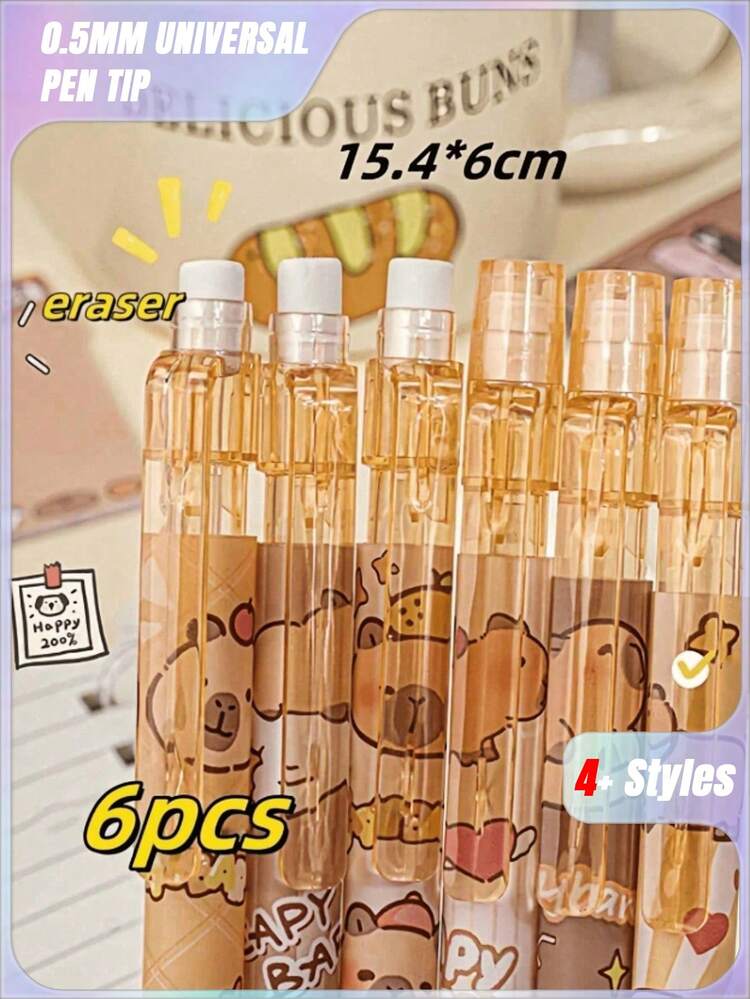 SHEIN 1pc/3pcs/6pcs/12pcs Capybara 可擦除按钮自动铅笔，（6支装）颜色款式随机，高品质创意学生文具笔，可爱可擦除自动铅笔，0.5mm 学生 2B 铅笔，无需削芯，可更换芯按钮自动芯，书写流畅，内置橡皮擦，适合成人和学生创作、家庭绘画、圣诞贺卡着色、办公室签名用品、送给家人、朋友、同事、男孩、女孩的礼物、学校用品 - 多色1 - 查看 1