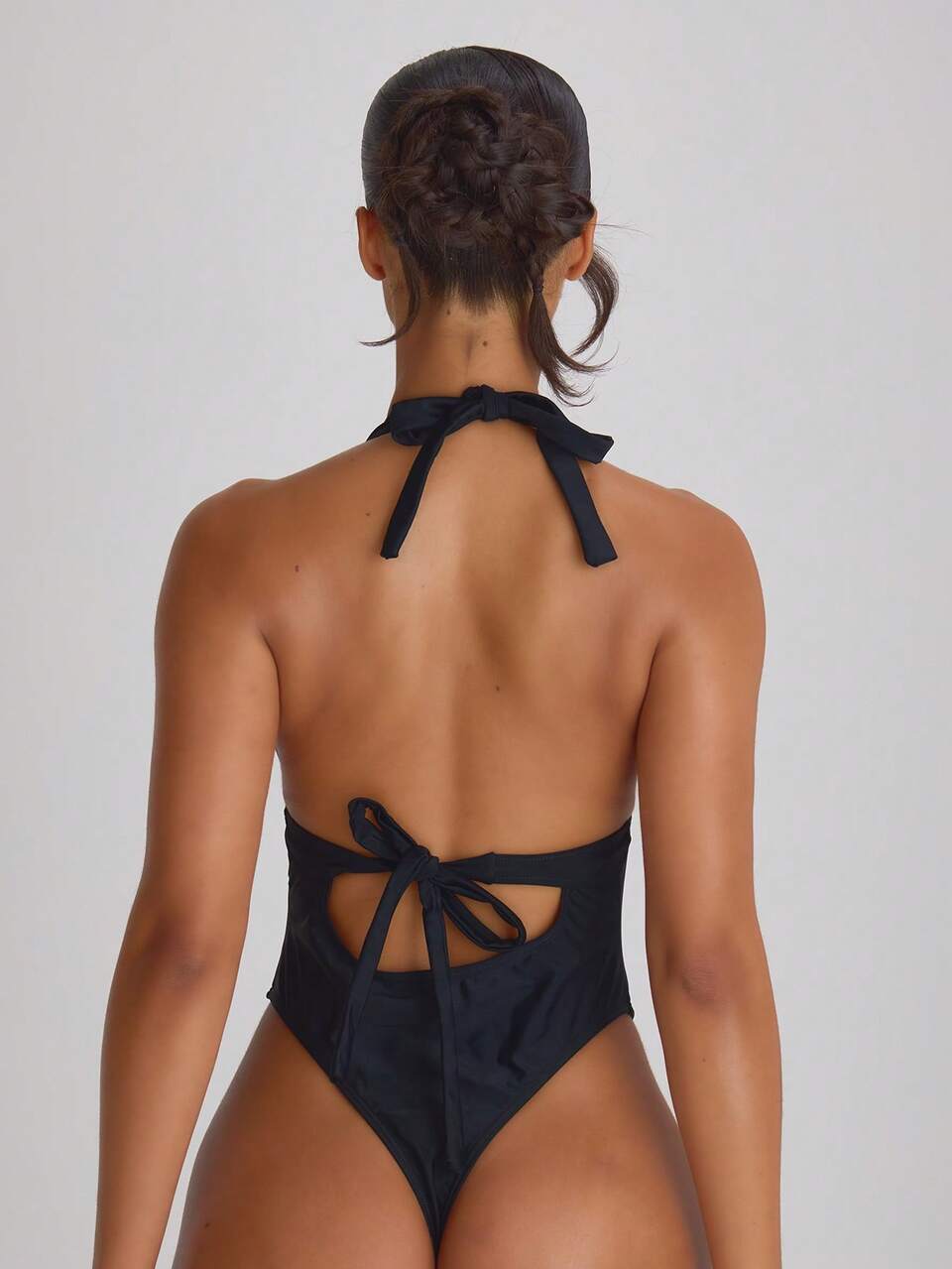 Black Plunge Apex Halterneck Tie Back Cheeky Swimsuit