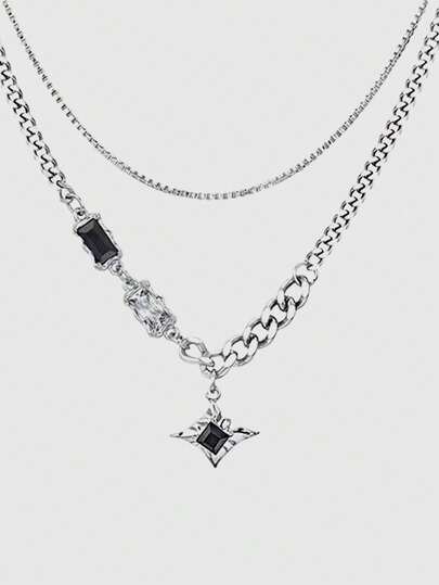 ROMWE Grunge Punk 1入組時尚鋅合金水鑽星形墜飾多層次項鍊適合女士日常裝飾