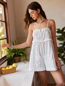 Bohemian Casual Romper Jumpsuit For Women, Woven Cotton Fabric, Romantic Ruffled Strap Design - White - View 1