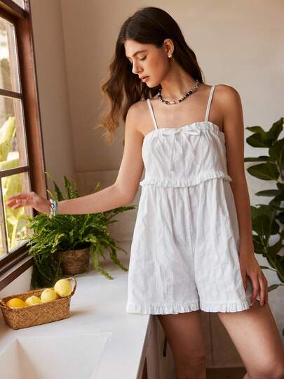 Bohemian Casual Romper Jumpsuit For Women, Woven Cotton Fabric, Romantic Ruffled Strap Design