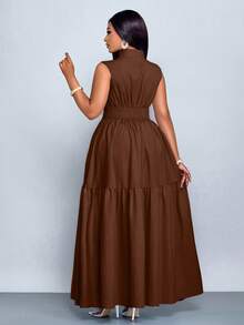 SOLERSUN 加大码蓝色立领前开襟无袖束腰系带连衣裙女式优雅休闲时尚通勤外出连衣裙夏季新款女装 - 咖啡棕 - 查看 2