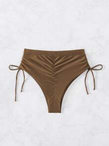 Swim Chiccia Quần bikini nữ màu trơn có dây rút bên hông và nhún bèo - màu nâu - Xem 5