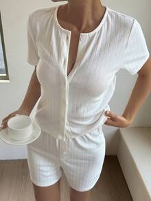 Livesso 2pcs/Set Women Casual Round Neck Knit Top And Shorts - White - View 5