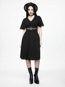 Spring/SummervacationWomen's Vintage Gothic Sun & Moon Embroidery V-Neck Contrast Lace Mini Dress, Spring/Summer - Black - View 1