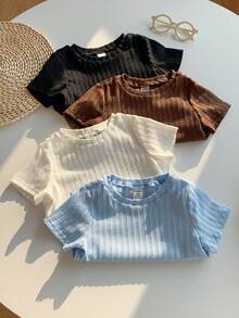 SHEIN 4件套男女宝宝休闲纯色短袖针织T恤套装，春夏宝宝服装 - 彩色 - 查看 5