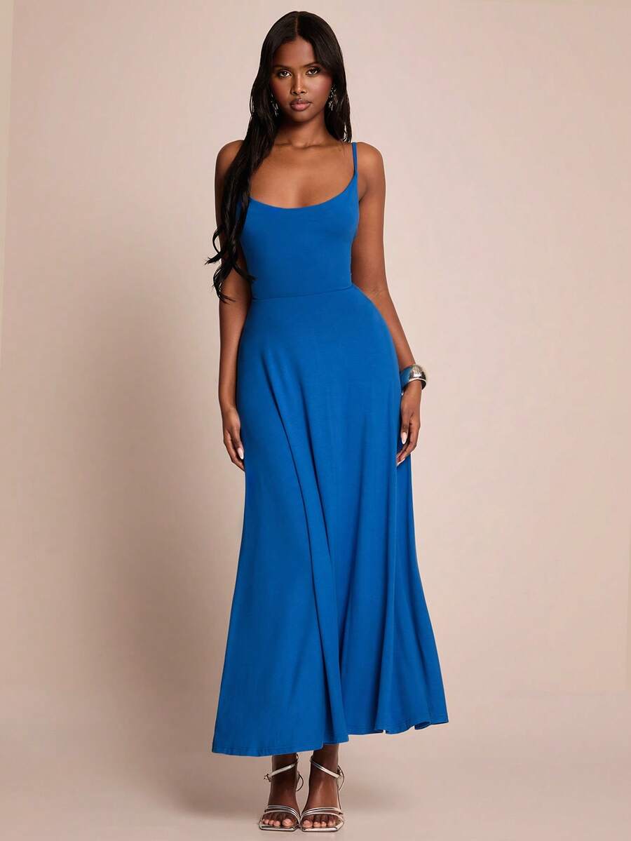 SHEIN BAE Women's Sleeveless Solid Navy Blue Dress With Ruffle Hem, Suitable For Vacation, Beach, Elegant Wedding Guest Attire - Blue - View 1