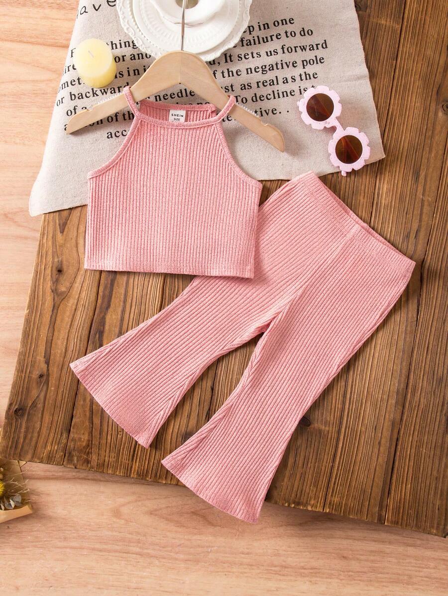 SHEIN Baby Girl Cute Summer Knitted Pink Camisole & Flared Pants Set - Multicolor - View 1