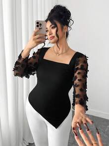 Elenzga Women's Plus Size Elegant Commuter 3D Floral Decor Mesh Splice T-Shirt, Autumn - Black - View 6