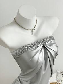 Elamini 女士休闲优雅派对褶皱亮片抹胸连衣裙 - 銀色 - 查看 7