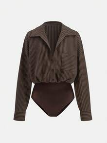 Airaco Women's Casual Everyday Commute Versatile Striped Print Drop Shoulder Loose Patchwork Pocket Bodysuit, Spring/Autumn - Brown - View 3