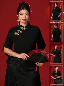 Elenzga 女士加大码黑色常规长度半袖衬衫，饰有中国式盘扣 - 黑色 - 查看 1