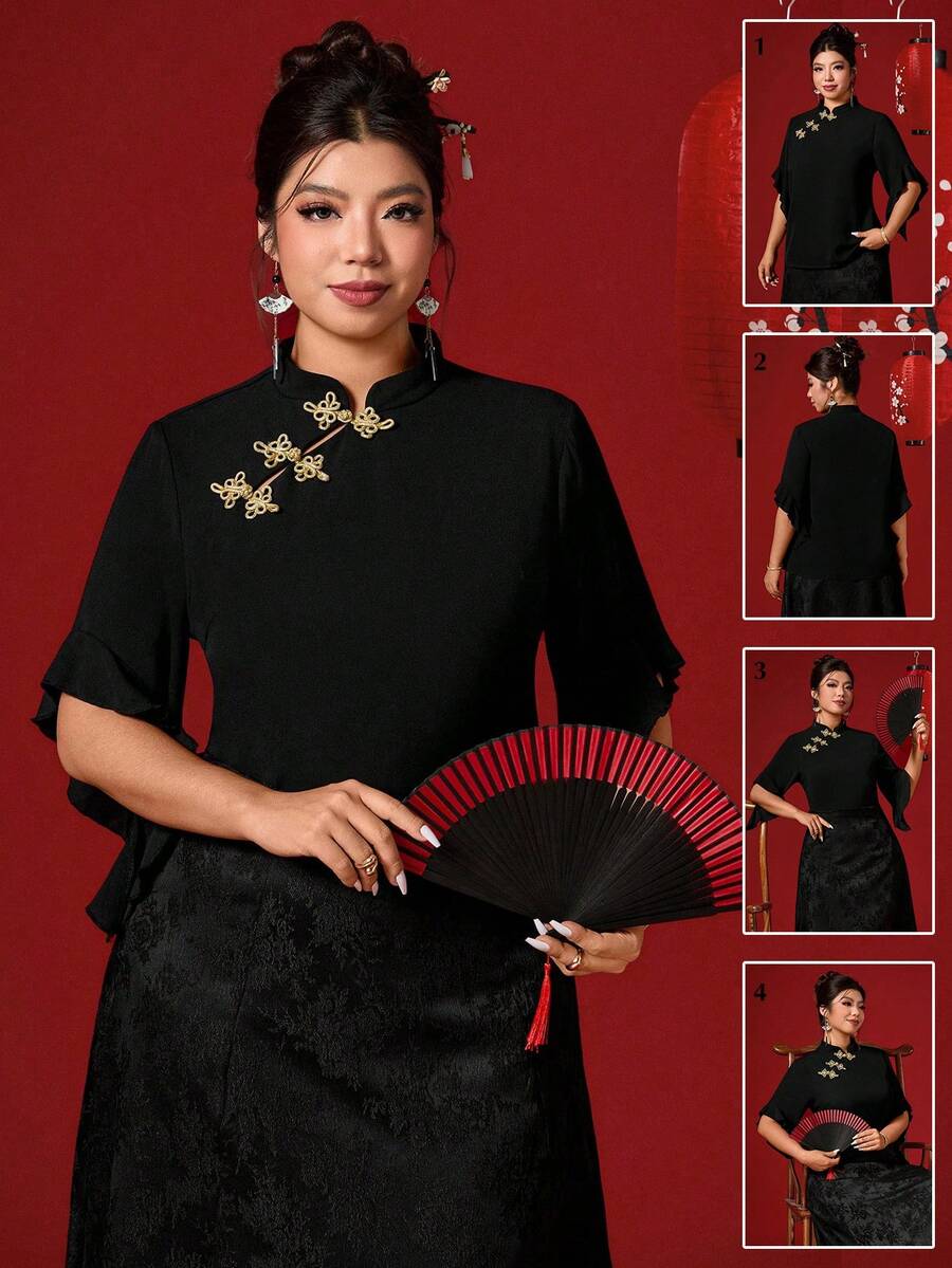 Elenzga 女士加大码黑色常规长度半袖衬衫，饰有中国式盘扣 - 黑色 - 查看 1