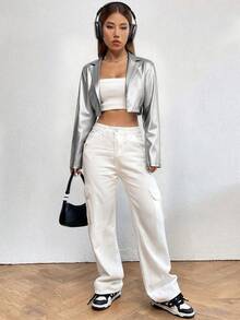 SHEIN Unity Women's Silver Lapel NeckLong Sleeve Cropped Jacket - Silver - View 4