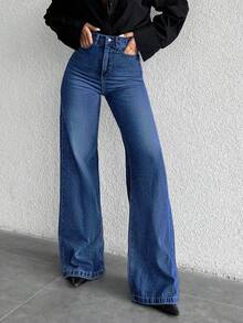 ZIRRA 女式休闲水洗高腰阔腿牛仔裤 - 深色水洗藍 - 查看 4