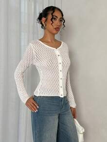 Glamine Cárdigan de punto con diseño calado de unicolor casual, primavera/verano - Blanco - Ver 1
