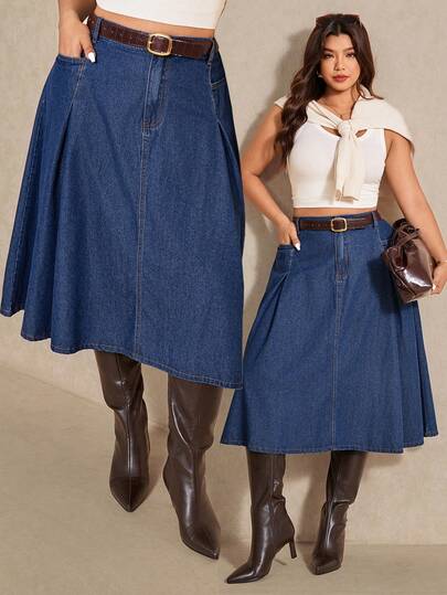 Elaquor Plus-Size Blue Denim Mini Skirt, High-Waisted Midi Skirt, French-Style Elegant Skirt, Casual Spring Outfit.
