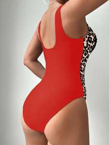 SHEIN Swim 女士春假连体泳衣，纯色网纱拼接荷叶边，豹纹印花，时尚优雅，适合度假游泳 - 彩色 - 查看 2