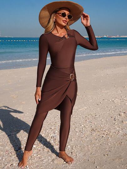 Swim Mulvari 3 piezas Conjunto de traje de baño modesto para mujer con body de una pieza de manga larga con cremallera y bolsillo, pantalón de natación de cintura elástica larga y falda asimétrica, traje de baño de primavera/verano de manga larga en color marrón, mono de baño marrón para mujer, traje de baño marrón de dos piezas para mujer