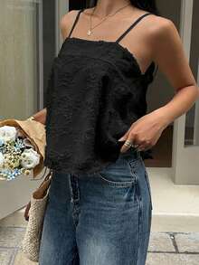 女士纯色简约吊带背心 - 黑色 - 查看 3