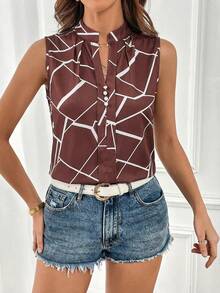 SHEIN Essnce Women's Geometric Print V-Neck Sleeveless Casual Shirt - Brown - View 6