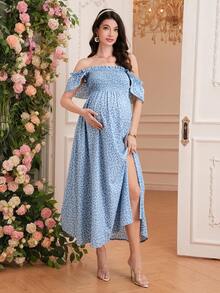 SHEIN Maternity Ditsy Floral Frill Off-Shoulder Bodycon Dress - Dusty Pink - View 3